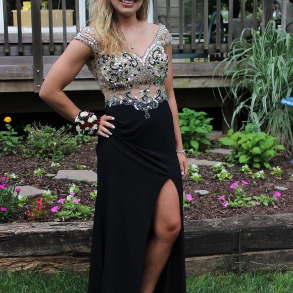 Prom Dress Black Sequin Low Slit - Picture 3 of 10